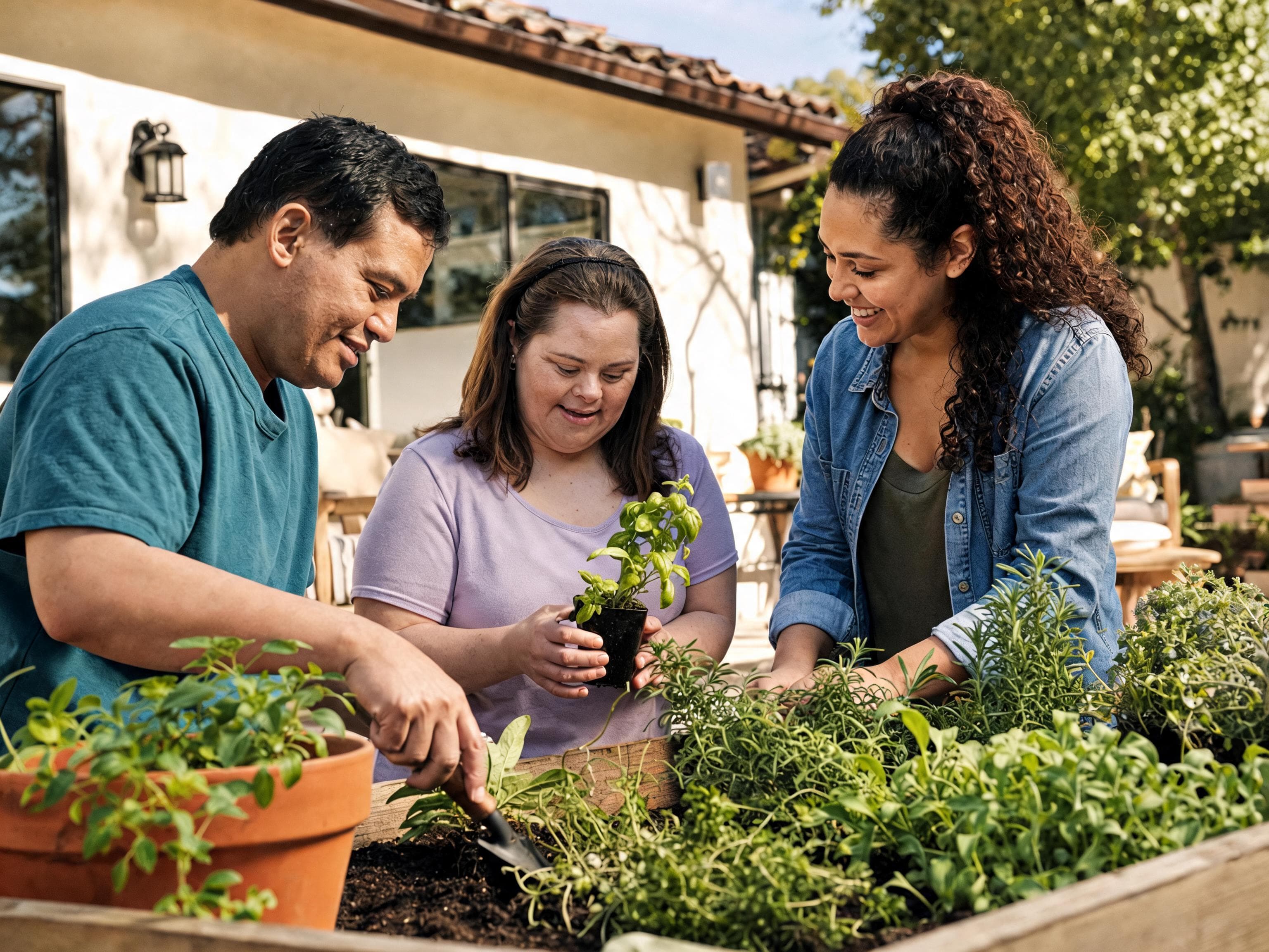 Adults working together in a community garden.