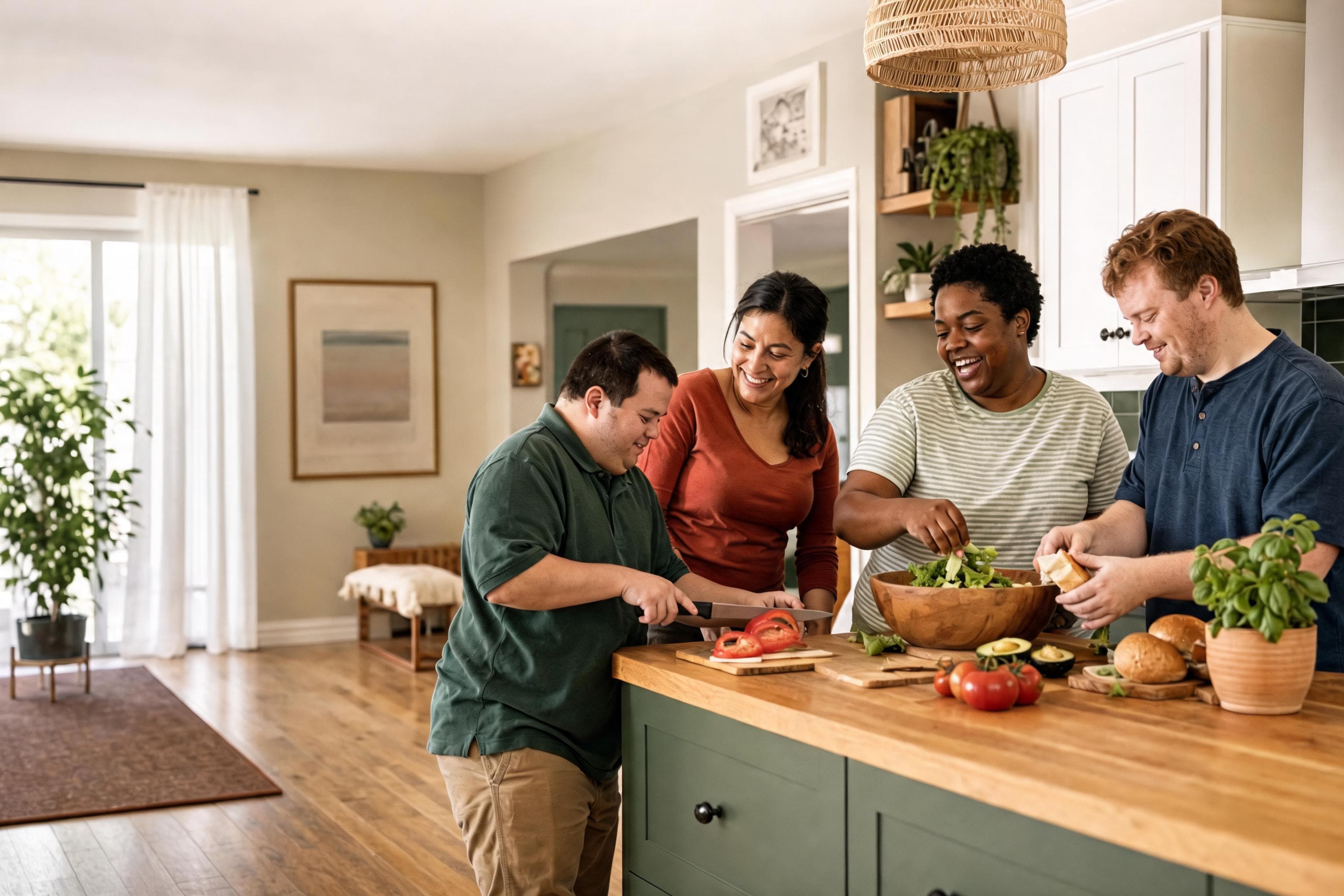 Two adults preparing food together at a kitchen counter.